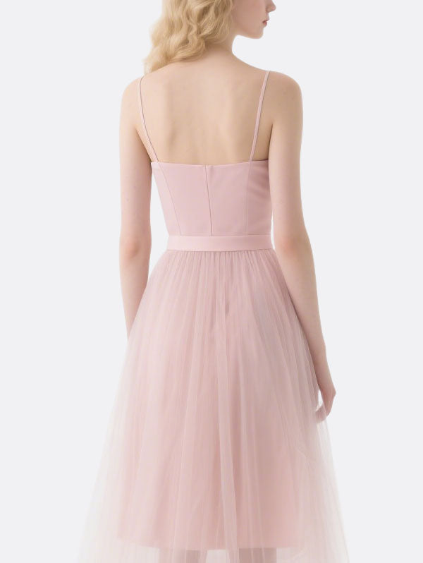 Pink Satin Tulle Midi Dress Women's Chic Party Attire