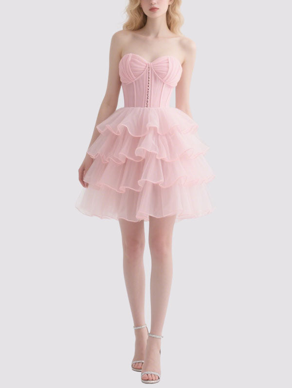 Pink Strapless Tulle Mini Dress