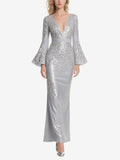 Silver Sequin Bell Sleeve Evening Gown Deep V-neck Formal Dress