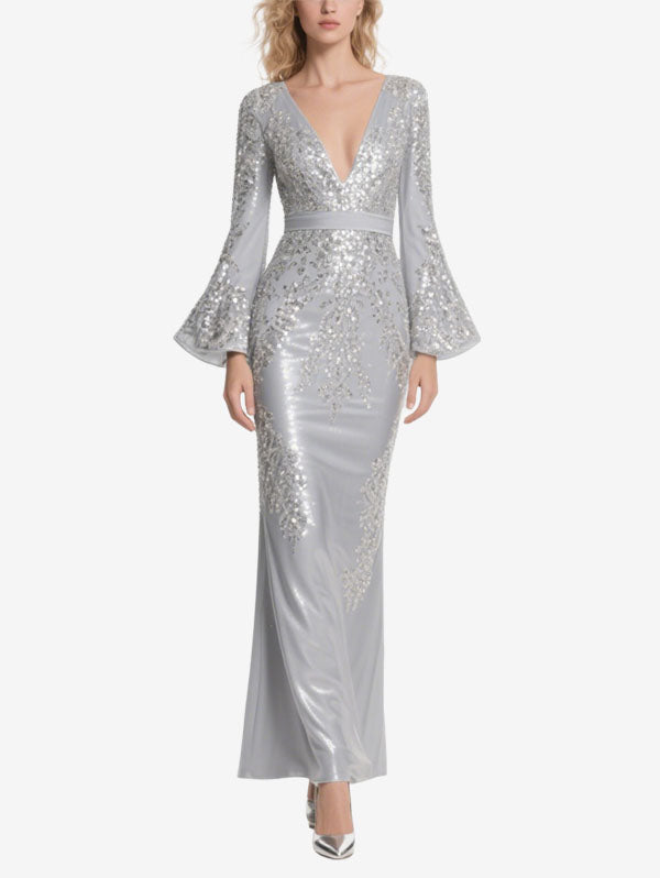 Silver Sequin Bell Sleeve Evening Gown Deep V-neck Formal Dress