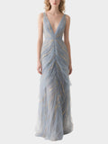 Grey Tulle Dress with Gold Details Plunging V-neck Formal Gown ）