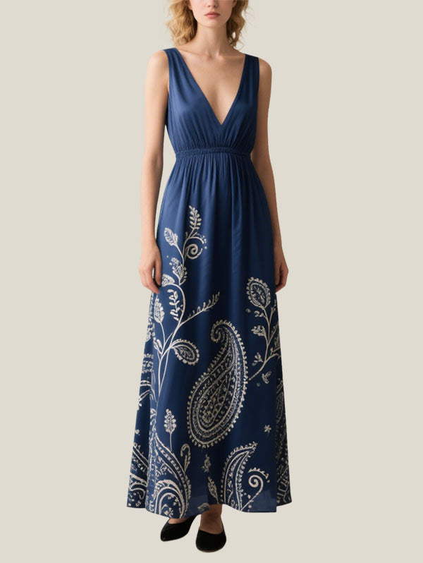 Navy Blue Paisley Maxi Dress for Summer Evenings
