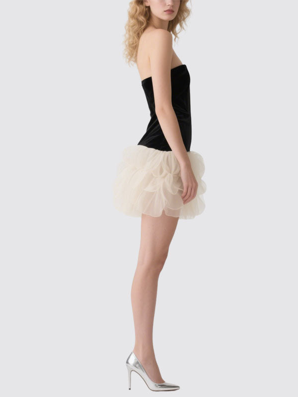 Black Velvet Strapless Dress with Asymmetric Organza Flower Hem