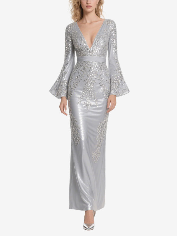 Silver Sequin Bell Sleeve Evening Gown Deep V-neck Formal Dress