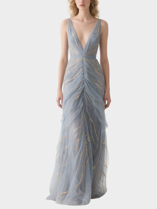Grey Tulle Dress with Gold Details Plunging V-neck Formal Gown ）