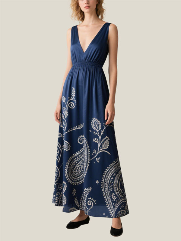 Navy Blue Paisley Maxi Dress for Summer Evenings