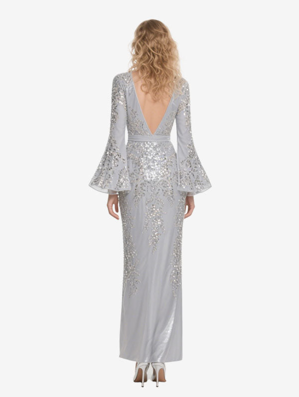 Silver Sequin Bell Sleeve Evening Gown Deep V-neck Formal Dress
