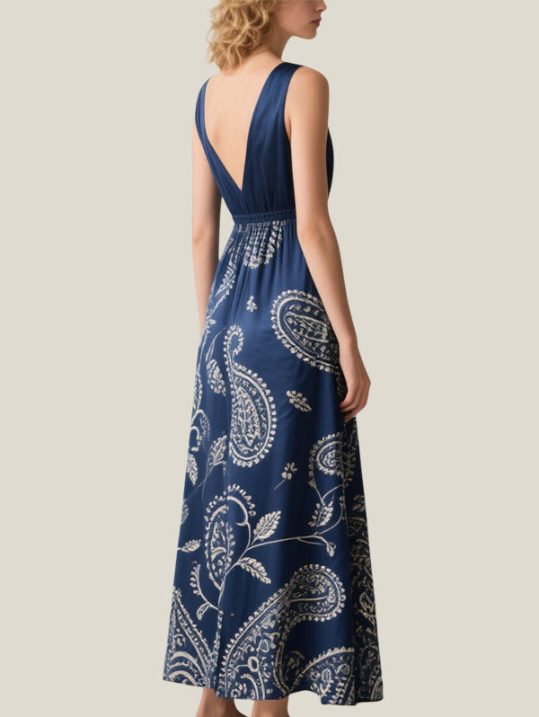 Navy Blue Paisley Maxi Dress for Summer Evenings