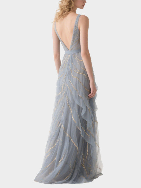 Grey Tulle Dress with Gold Details Plunging V-neck Formal Gown ）