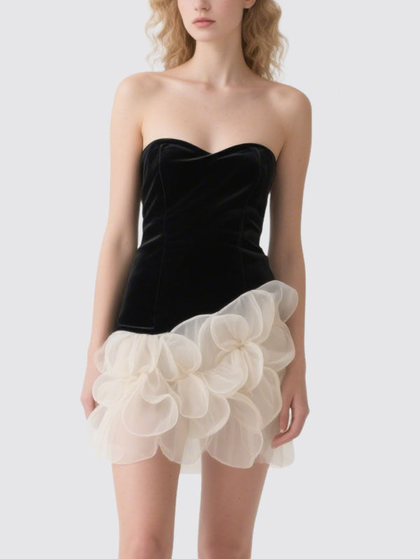 Black Velvet Strapless Dress with Asymmetric Organza Flower Hem