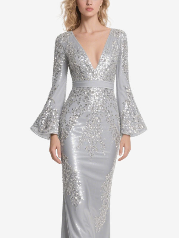 Silver Sequin Bell Sleeve Evening Gown Deep V-neck Formal Dress