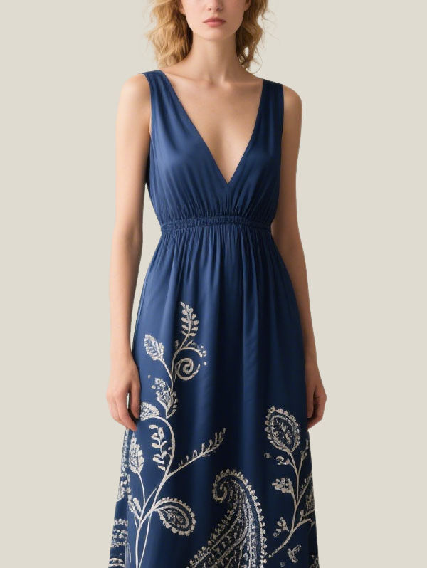 Navy Blue Paisley Maxi Dress for Summer Evenings