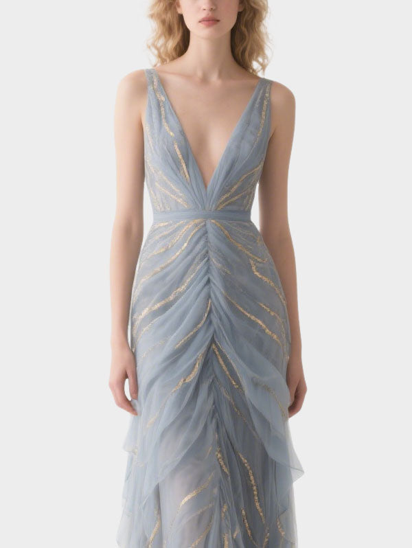 Grey Tulle Dress with Gold Details Plunging V-neck Formal Gown ）