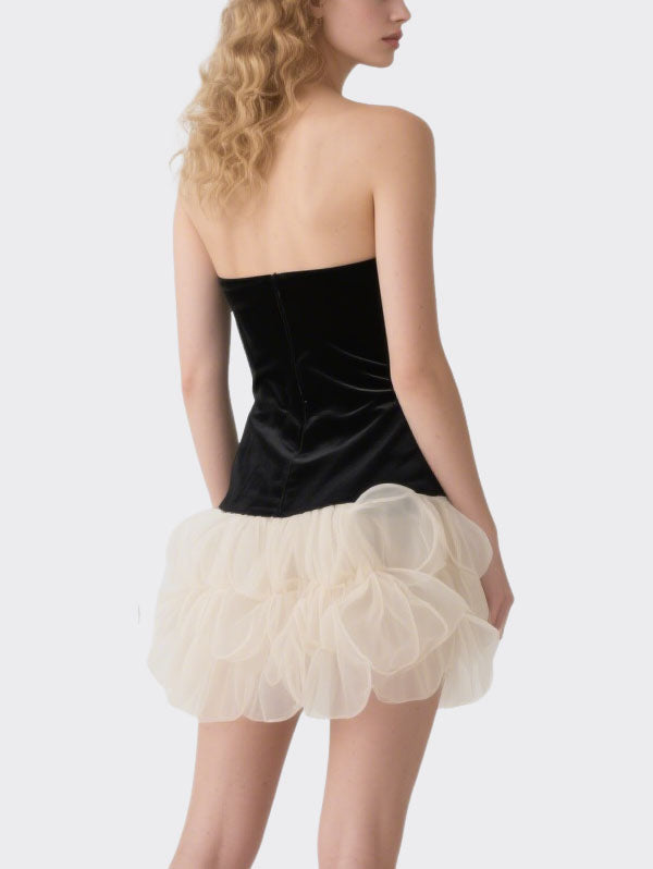 Black Velvet Strapless Dress with Asymmetric Organza Flower Hem