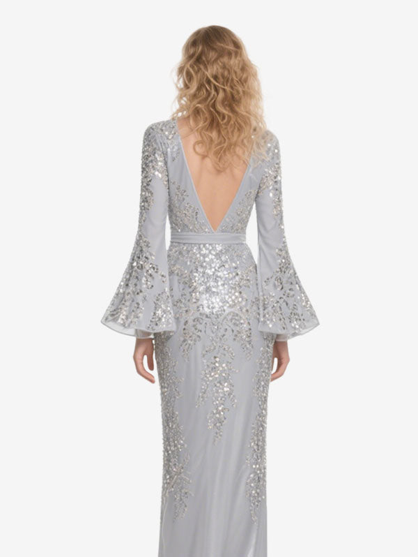 Silver Sequin Bell Sleeve Evening Gown Deep V-neck Formal Dress