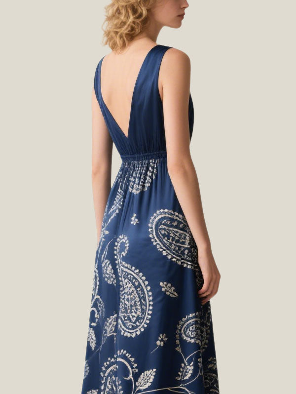 Navy Blue Paisley Maxi Dress for Summer Evenings