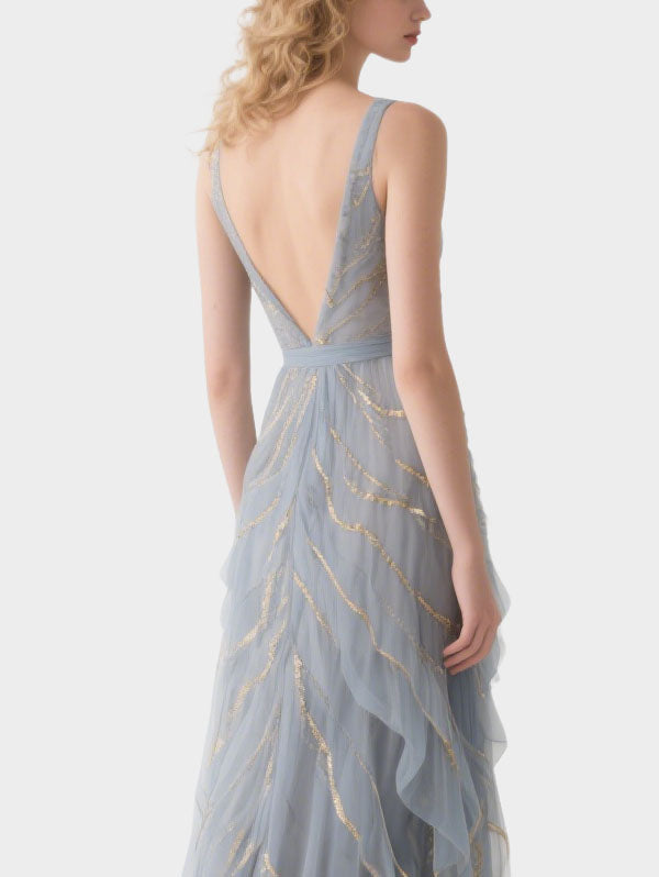 Grey Tulle Dress with Gold Details Plunging V-neck Formal Gown ）