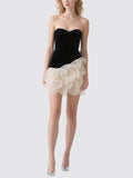 Black Velvet Strapless Dress with Asymmetric Organza Flower Hem