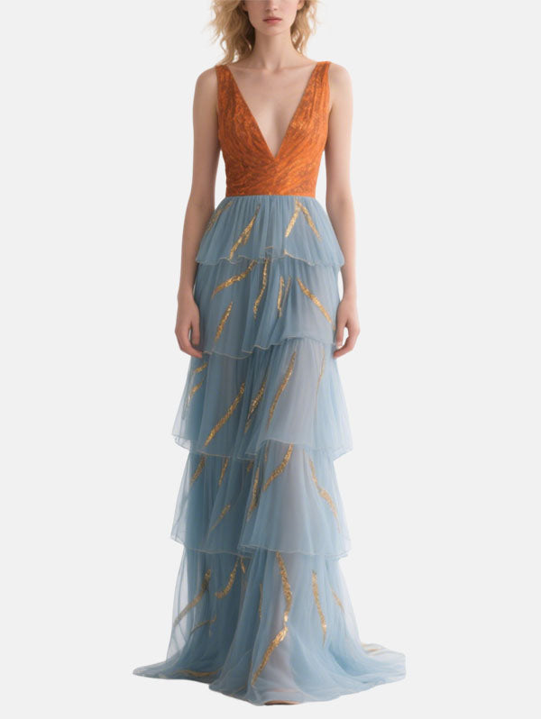 Orange & Blue Tiered  Formal Dress Plunging V-neck Tulle Gown
