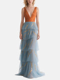 Orange & Blue Tiered  Formal Dress Plunging V-neck Tulle Gown