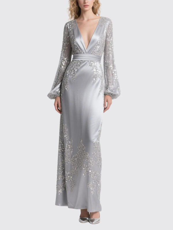 Silver Satin Embellished Gown Sheer Sleeve Evening Dress