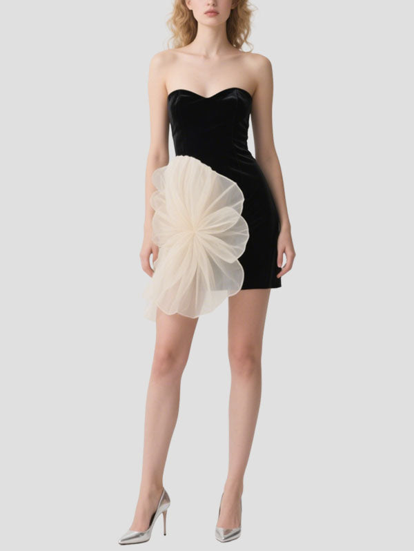 Black Velvet Strapless Dress with Organza Flower