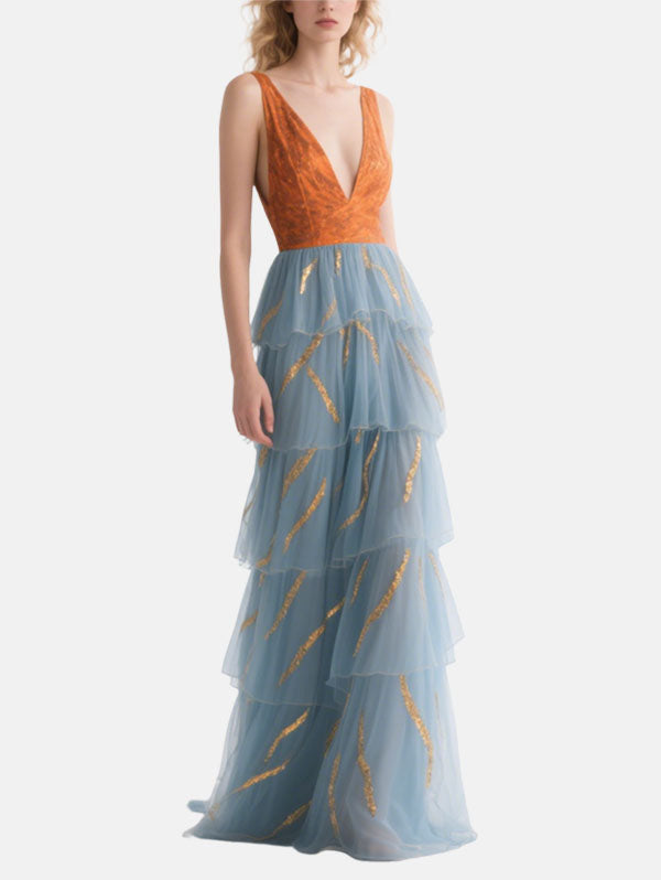 Orange & Blue Tiered  Formal Dress Plunging V-neck Tulle Gown