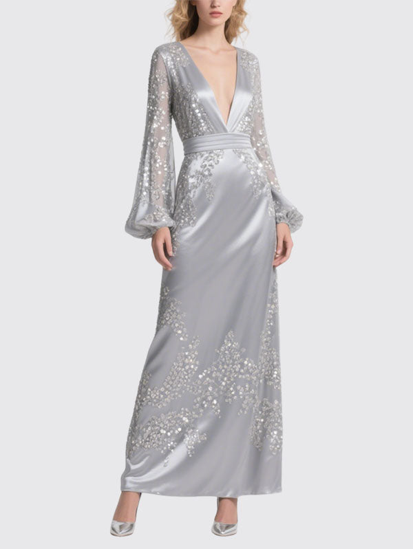 Silver Satin Embellished Gown Sheer Sleeve Evening Dress