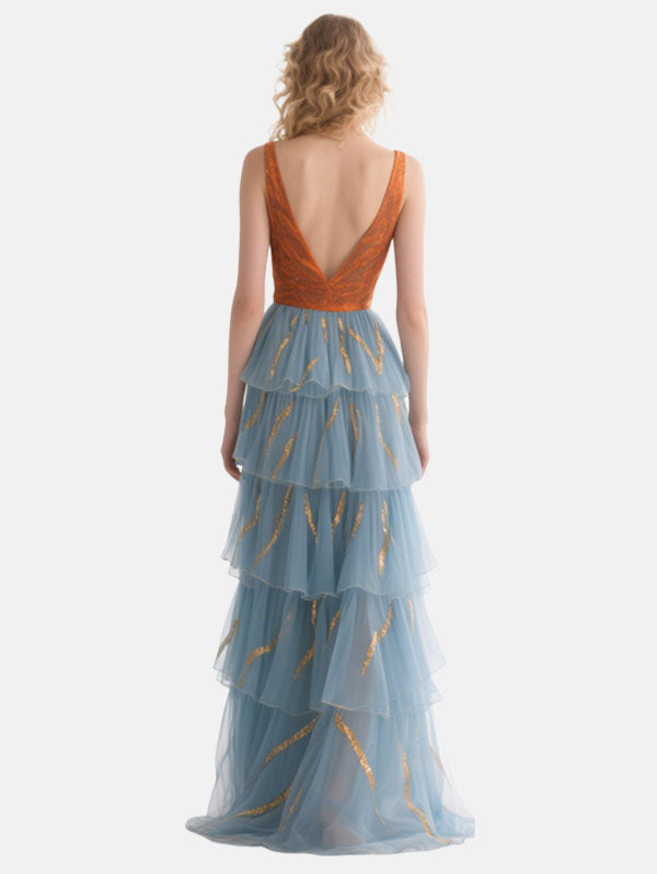 Orange & Blue Tiered  Formal Dress Plunging V-neck Tulle Gown