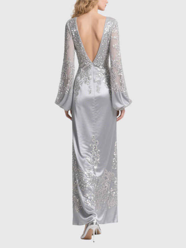 Silver Satin Embellished Gown Sheer Sleeve Evening Dress
