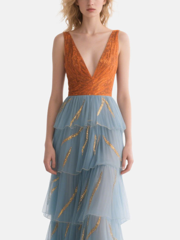 Orange & Blue Tiered  Formal Dress Plunging V-neck Tulle Gown