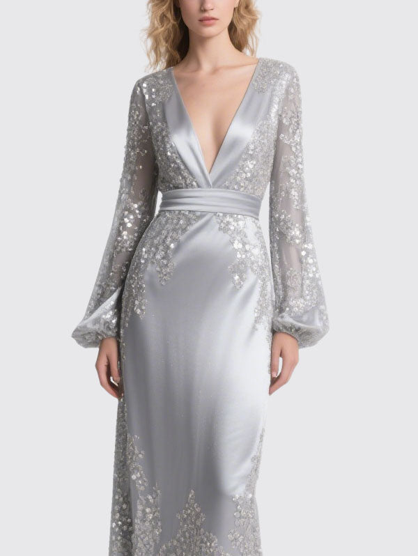 Silver Satin Embellished Gown Sheer Sleeve Evening Dress
