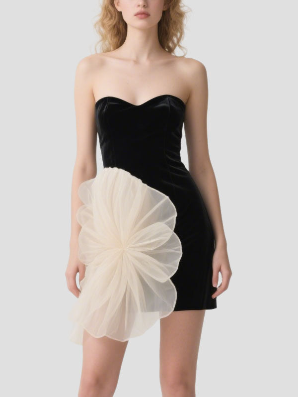 Black Velvet Strapless Dress with Organza Flower