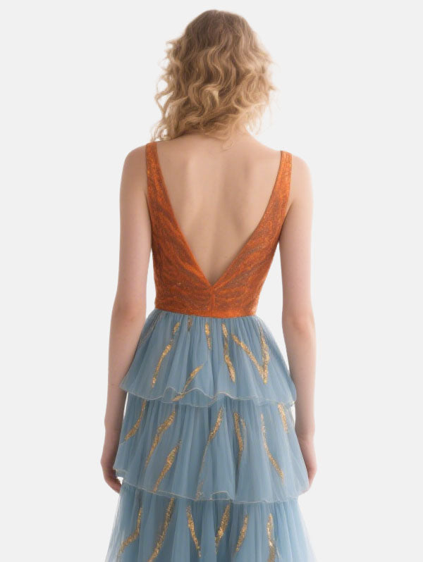 Orange & Blue Tiered  Formal Dress Plunging V-neck Tulle Gown