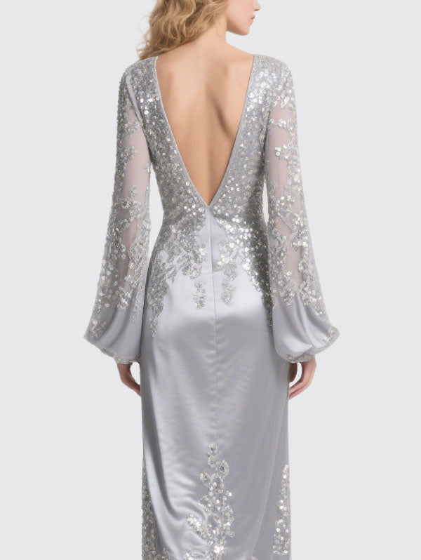 Silver Satin Embellished Gown Sheer Sleeve Evening Dress