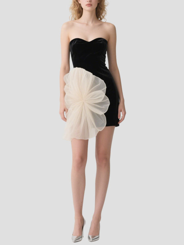 Black Velvet Strapless Dress with Organza Flower