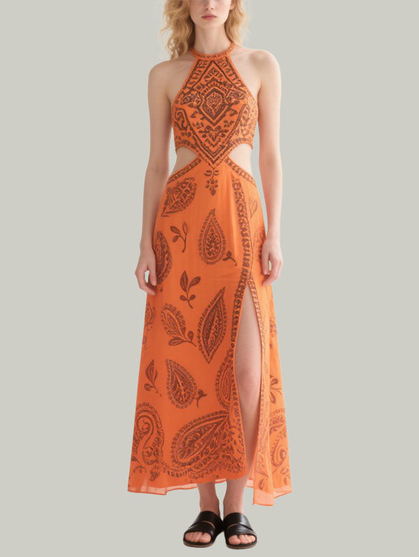 Orange Halter Neck Cut Out Paisley Maxi Dress