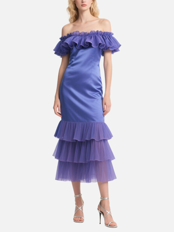 Purple Off Shoulder Satin Dress Ruffled Midi Evening Gown