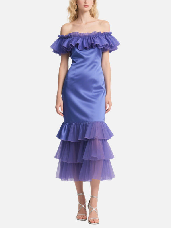 Purple Off Shoulder Satin Dress Ruffled Midi Evening Gown