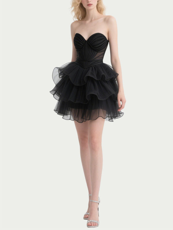 Black Strapless Tulle Tiered Party Dress with Sheer Bodice
