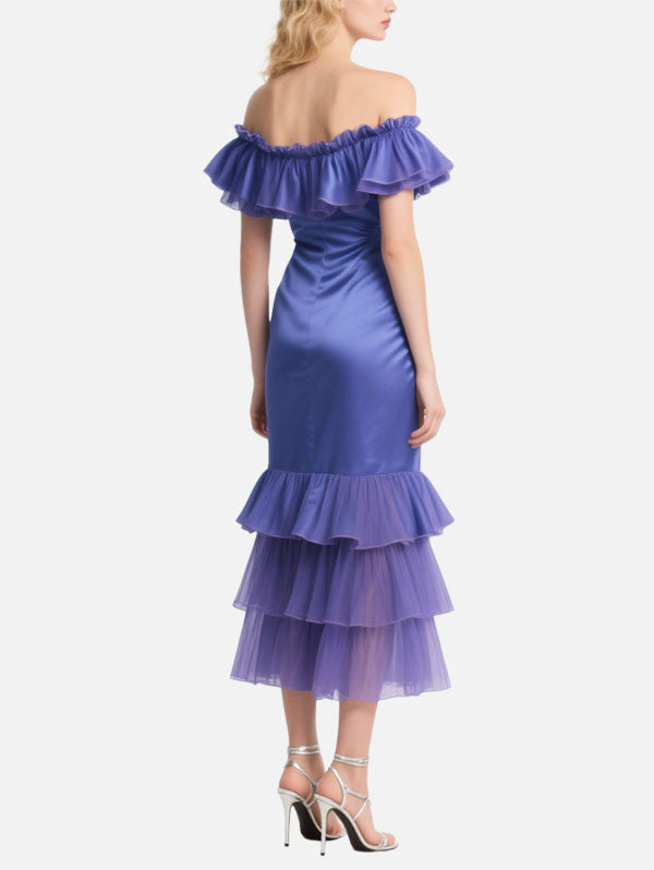 Purple Off Shoulder Satin Dress Ruffled Midi Evening Gown