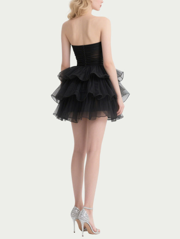 Black Strapless Tulle Tiered Party Dress with Sheer Bodice