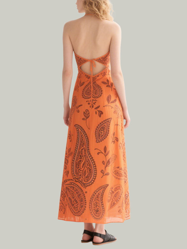 Orange Halter Neck Cut Out Paisley Maxi Dress