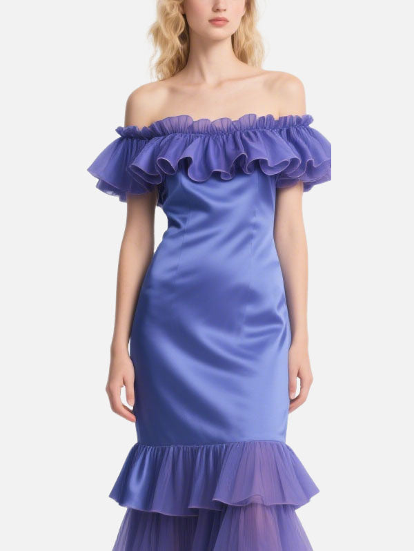 Purple Off Shoulder Satin Dress Ruffled Midi Evening Gown