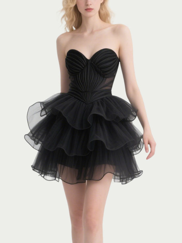 Black Strapless Tulle Tiered Party Dress with Sheer Bodice
