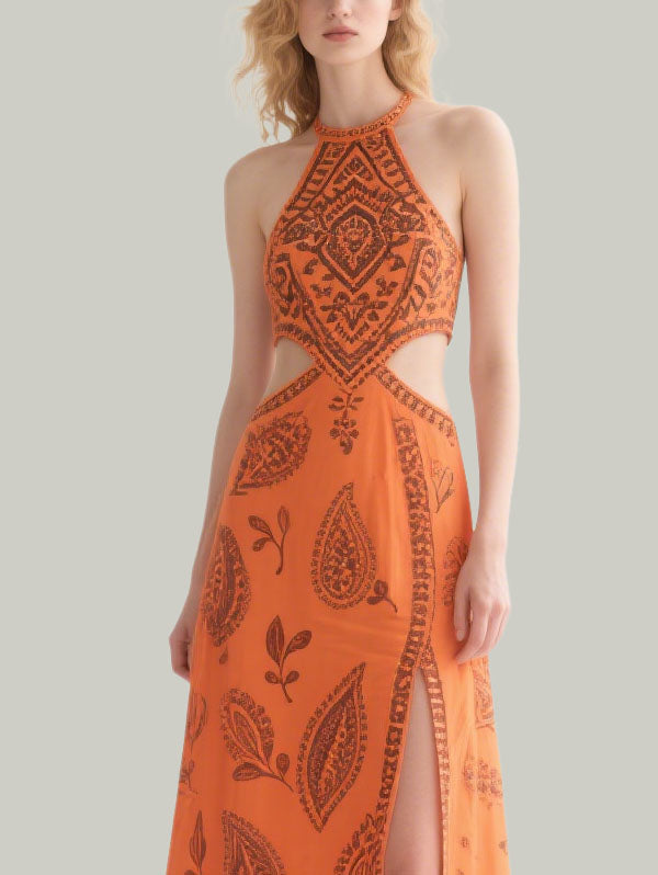 Orange Halter Neck Cut Out Paisley Maxi Dress