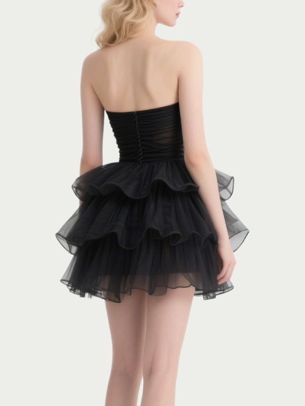 Black Strapless Tulle Tiered Party Dress with Sheer Bodice