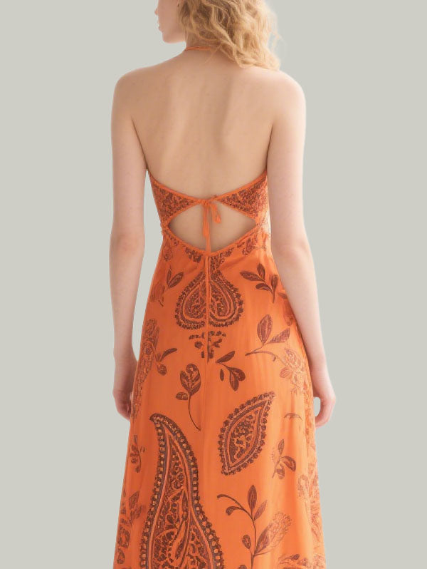 Orange Halter Neck Cut Out Paisley Maxi Dress