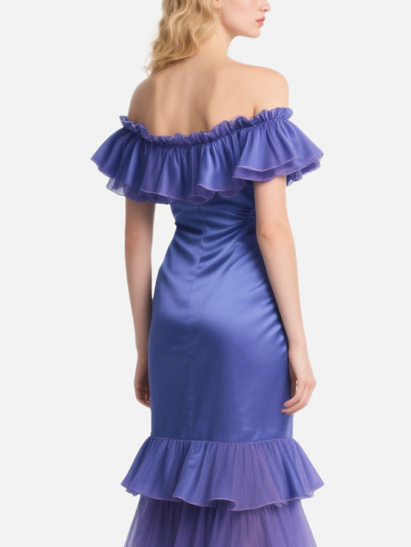 Purple Off Shoulder Satin Dress Ruffled Midi Evening Gown