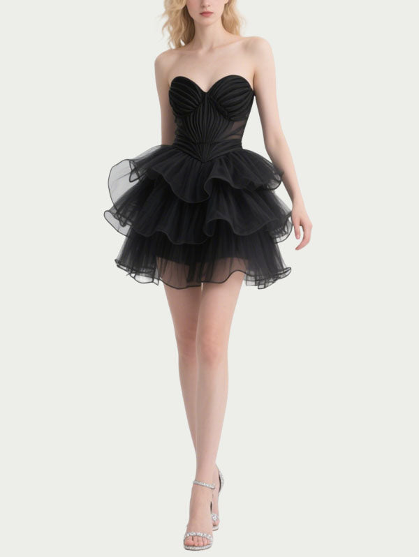 Black Strapless Tulle Tiered Party Dress with Sheer Bodice